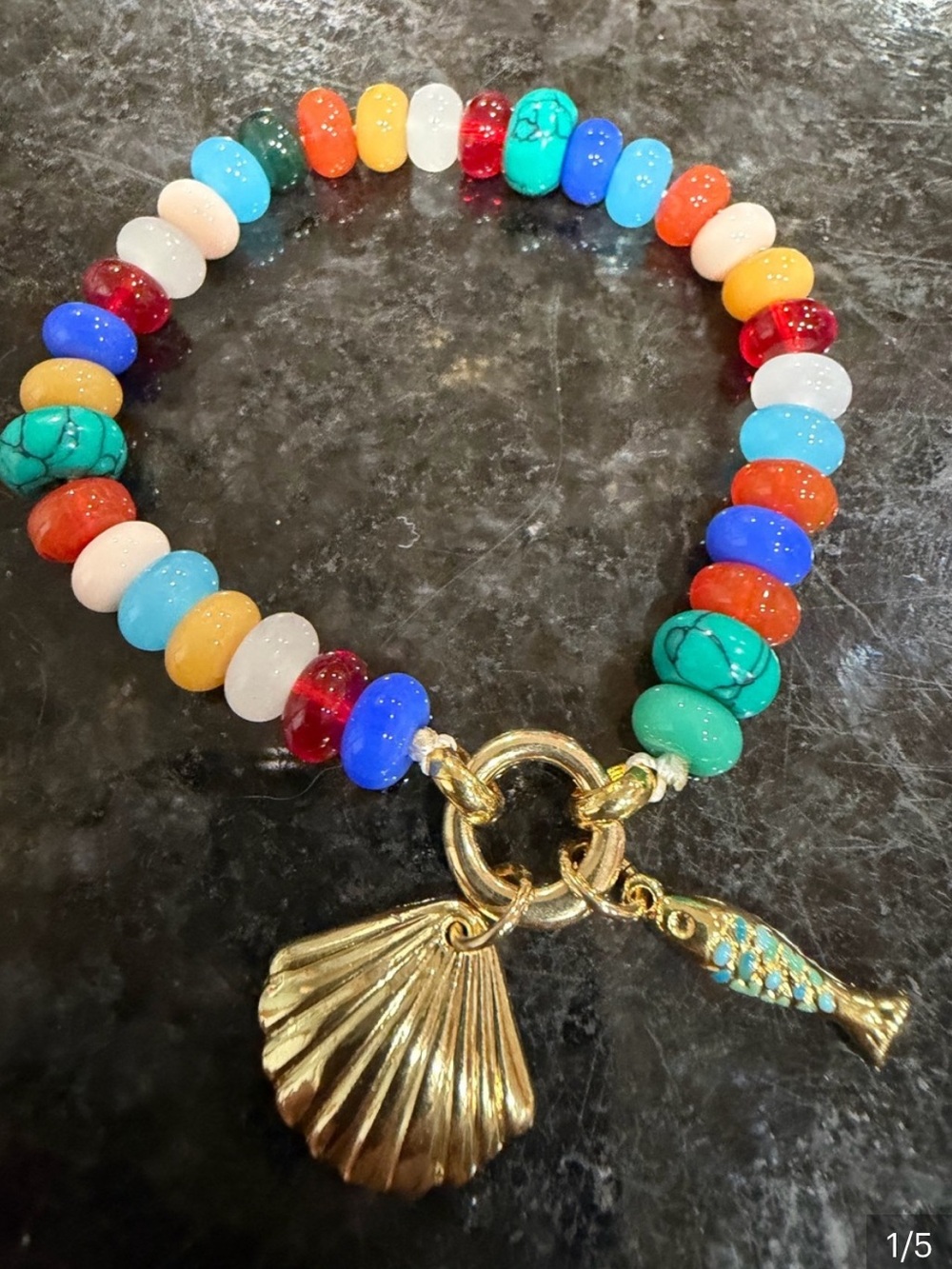 Mayamar Multicolor Beaded Bracelet with Gold Shell & Fish Charms (NWT)